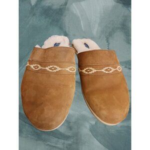 Hari Mari Shearling Lined Suede Slippers In Tan color With Embroidered Details S